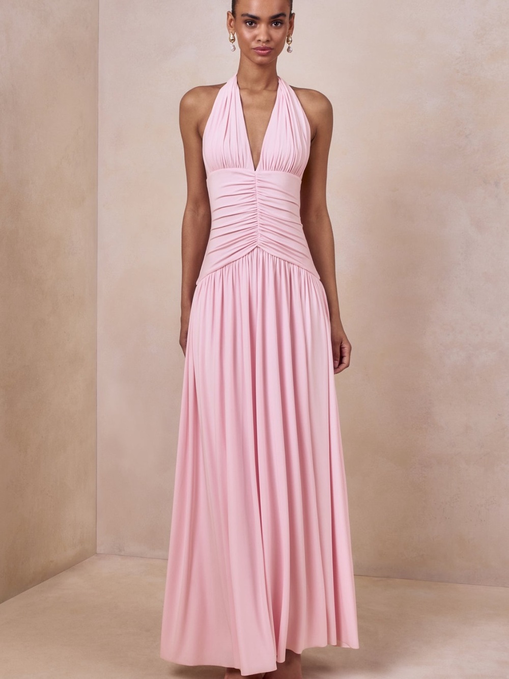 Halter Ruched Pink Maxi Dress - Picture 4 of 6